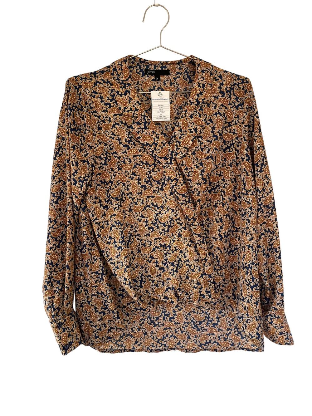 Gibson Women’s Mustard And Navy Paisley Print Blouse S